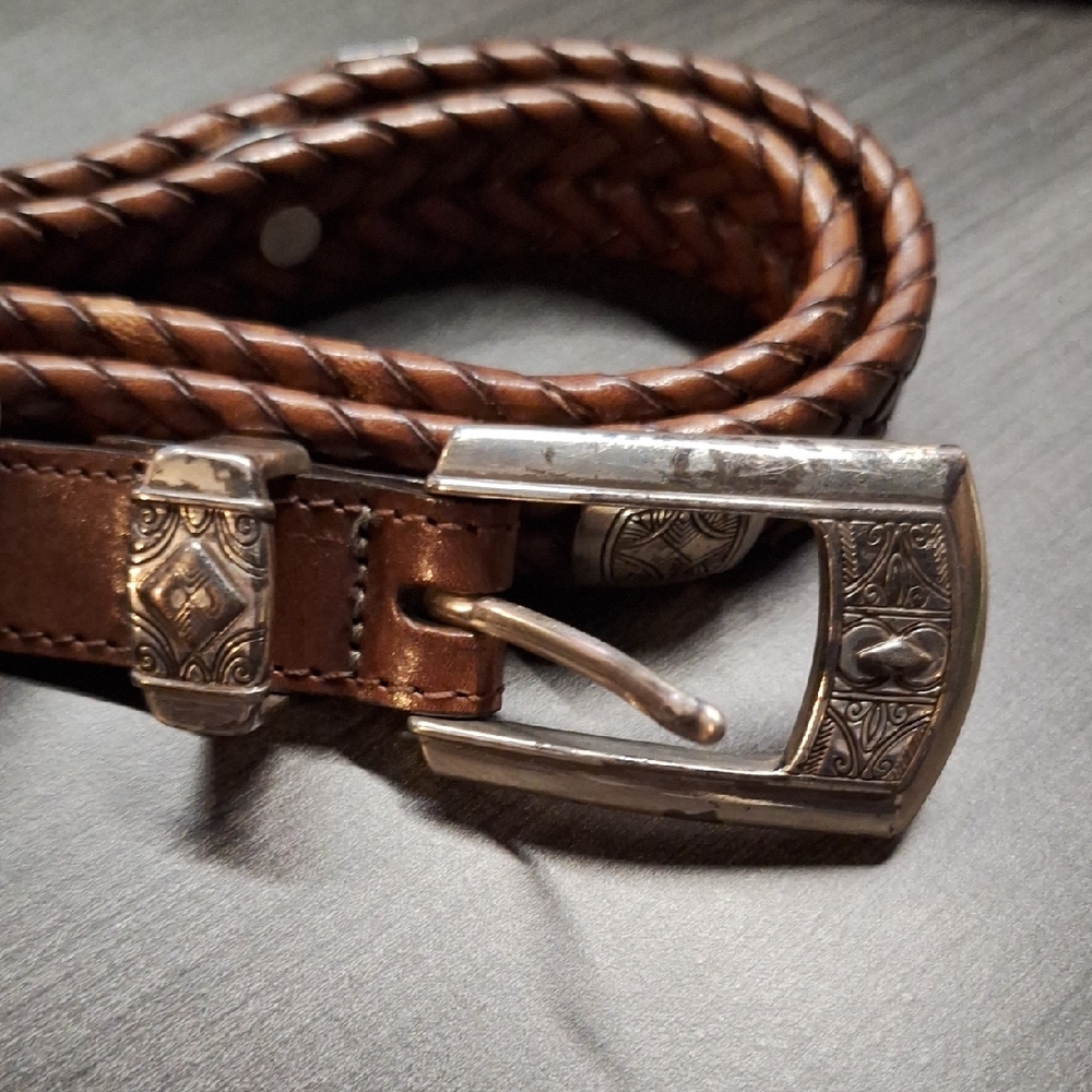 Brighton Brown Braided Belt with Ornate Silver Buckle M 30